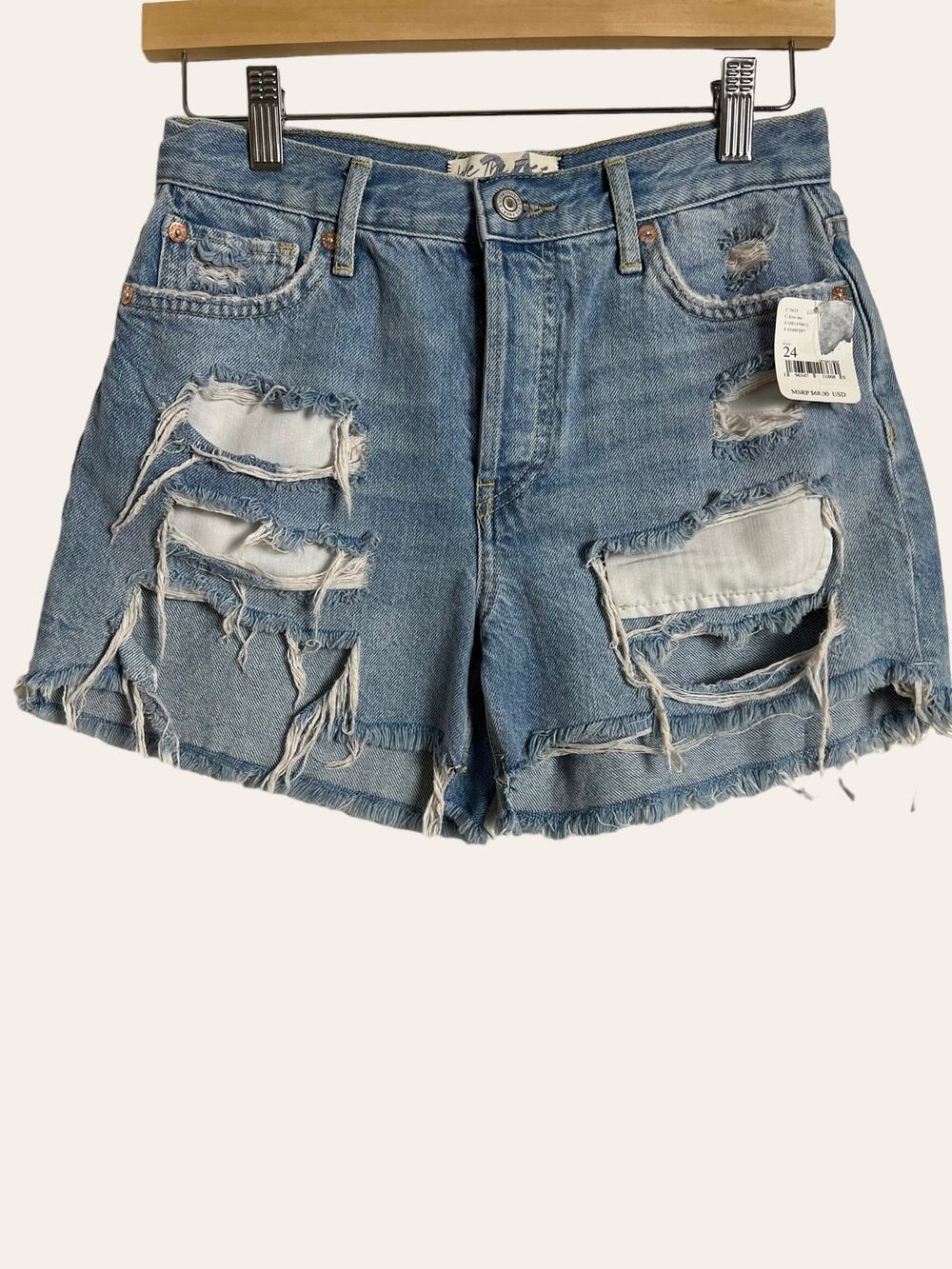 Free People Distressed Ripped Cut Off Blue Denim Casual Jean Shorts Size 24